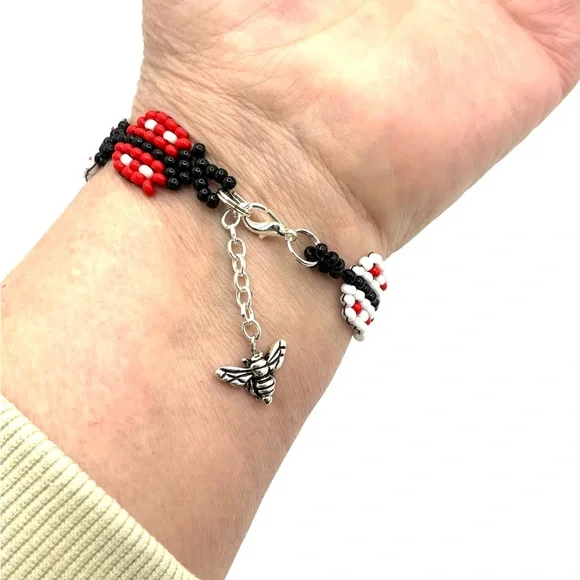 Hand Crafted Beaded Ladybug Bracelet with Bee Charm Red White and Black - Picture 8 of 9